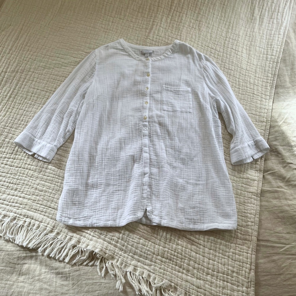 Pure Jill Cotton Gauze Button Front Blouse XL White